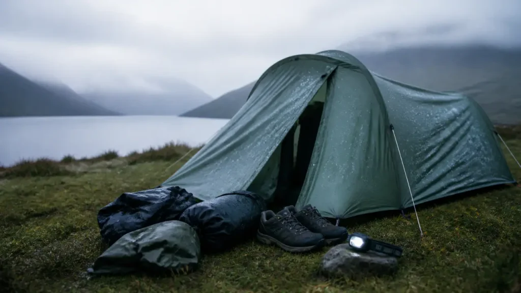 Camper en ecosse : tente légère sur herbe humide, pluie et brume