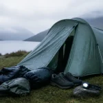 Camper en ecosse : tente légère sur herbe humide, pluie et brume