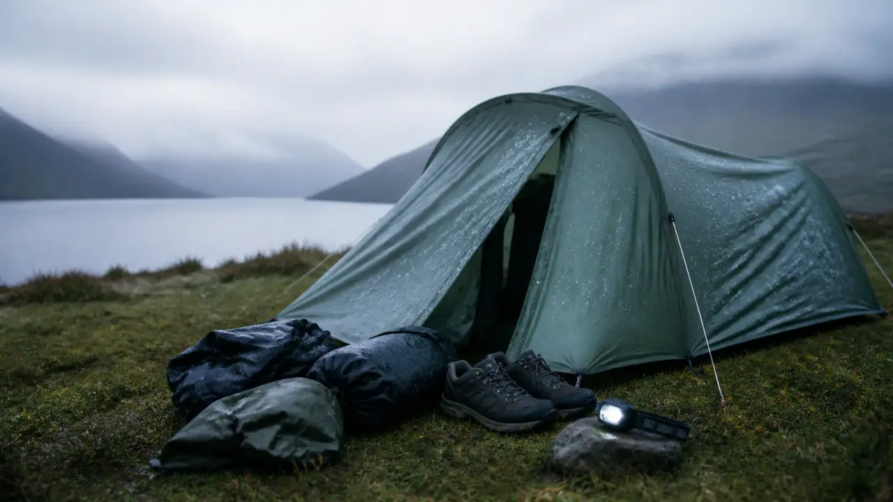 Camper en ecosse : tente légère sur herbe humide, pluie et brume