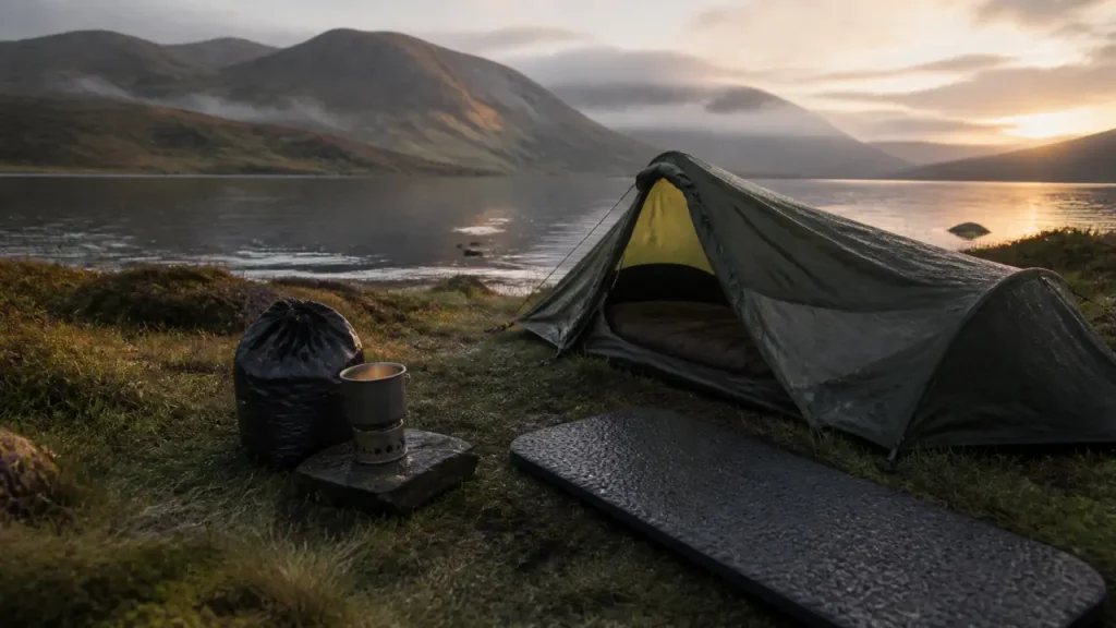 Camping sauvage ecosse en tente au bord d’un loch écossais