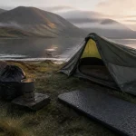 Camping sauvage ecosse en tente au bord d’un loch écossais