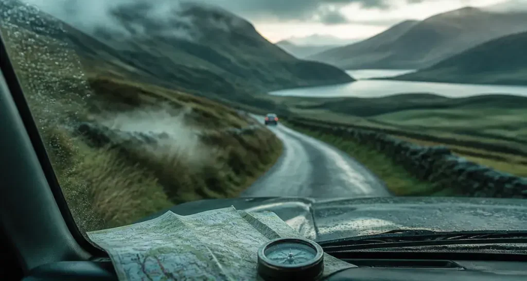 Chemin d ecosse : route des Highlands brumeuse, passage sur voie unique