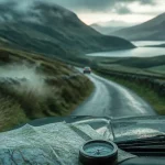 Chemin d ecosse : route des Highlands brumeuse, passage sur voie unique