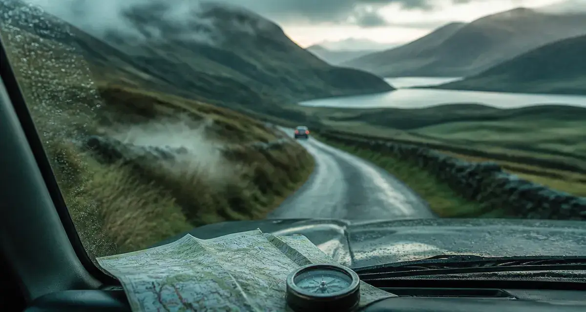 Chemin d ecosse : route des Highlands brumeuse, passage sur voie unique