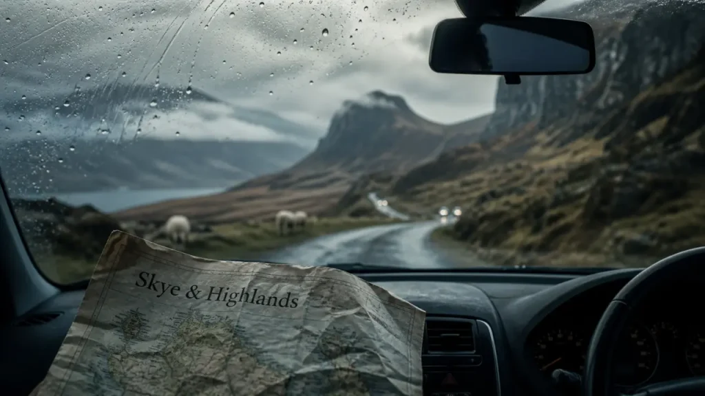 Circuit ecosse 10 jours : route des Highlands vers Skye, conduite à gauche, vue depuis la voiture