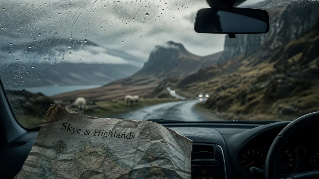 Circuit ecosse 10 jours : route des Highlands vers Skye, conduite à gauche, vue depuis la voiture