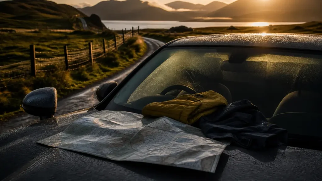 ecosse en aout : voiture de location dans les Highlands, route et loch