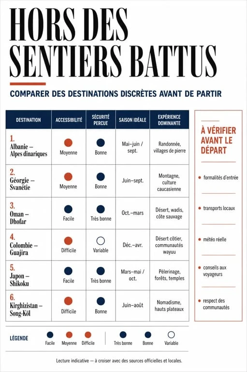 Voyage hors des sentiers battus : tableau comparatif des destinations selon accessibilité, sécurité perçue, saison idéale et type d’expérience