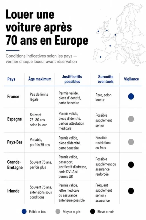 Location de voiture après 70 ans en Europe : infographie comparative des conditions par pays