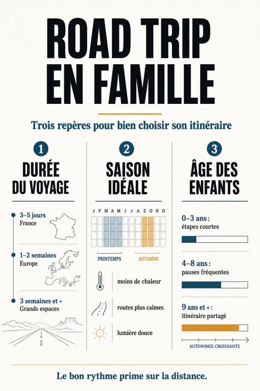 Infographie road trip famille selon la durée, la saison et l’âge des enfants