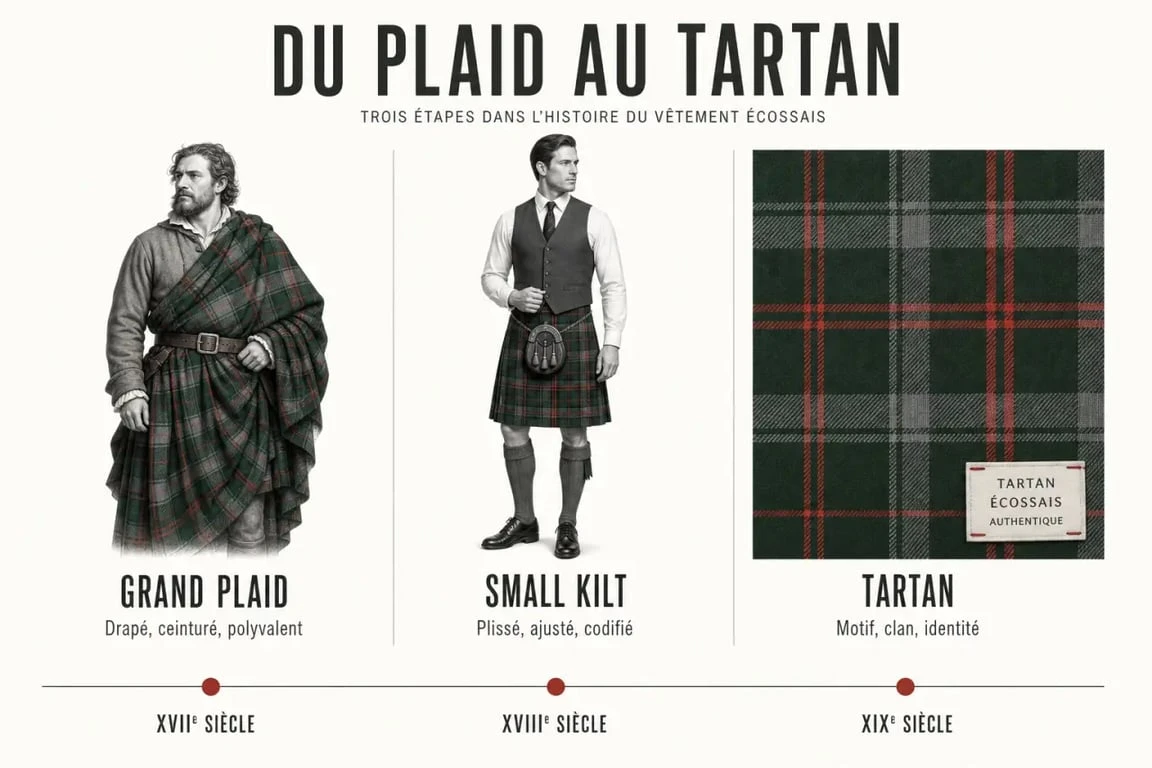 Kilt origine : évolution du great kilt au small kilt et rôle du tartan écossais