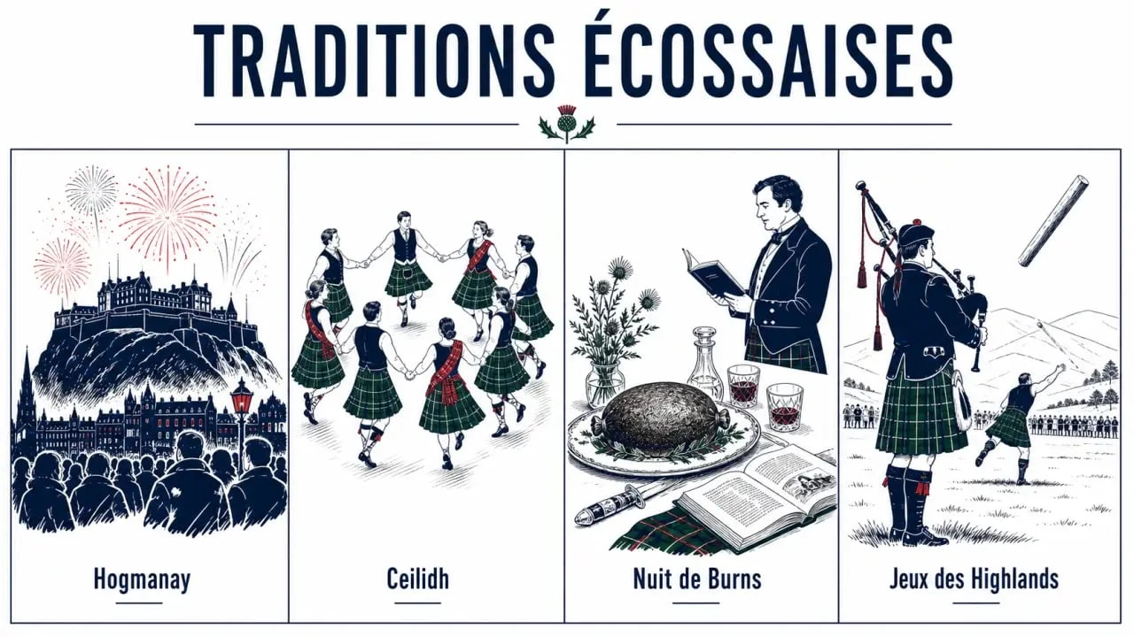 Tradition ecosse : illustration éditoriale de Hogmanay, Burns Night, ceilidh et Highland Games