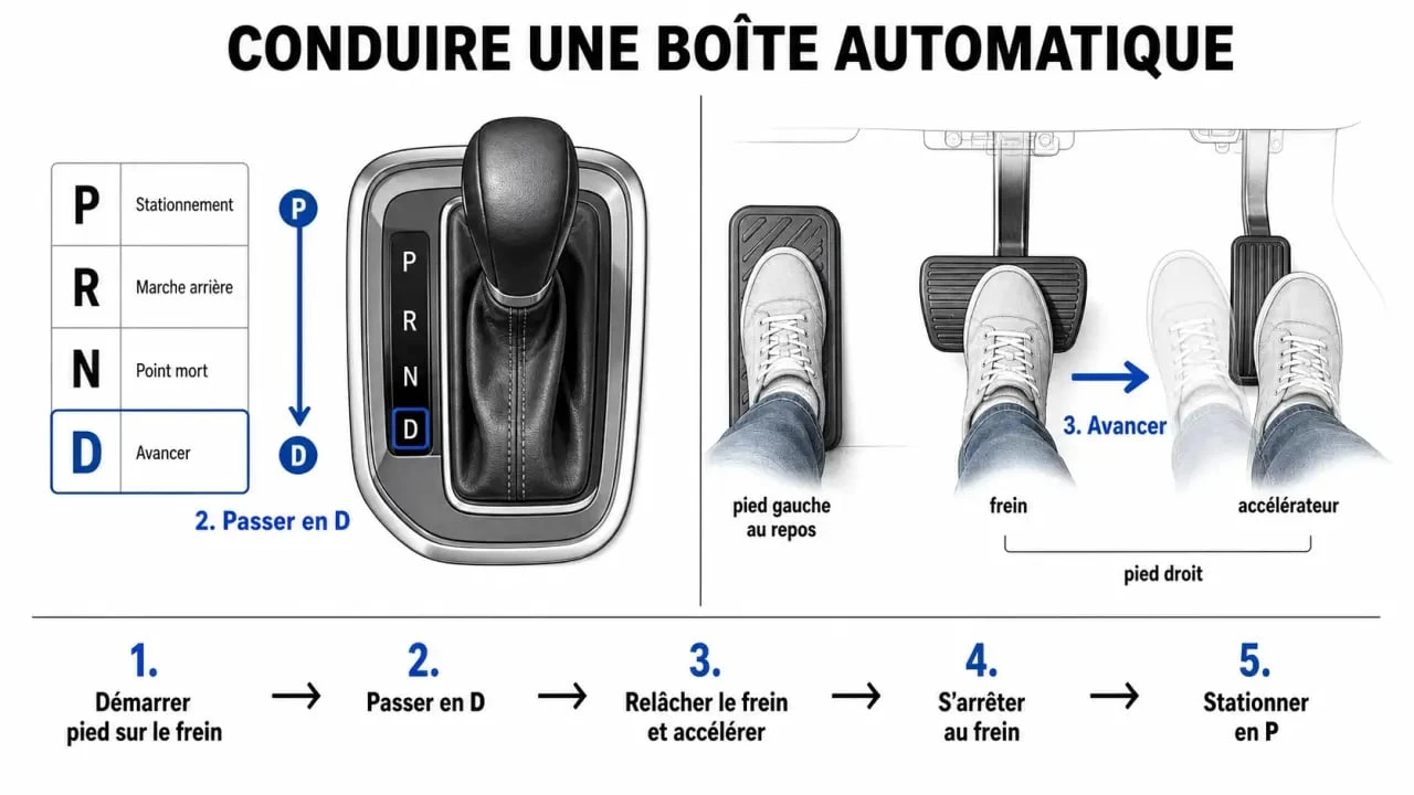 Comment conduire une boite auto : schéma du levier P R N D et des pédales pour débutant