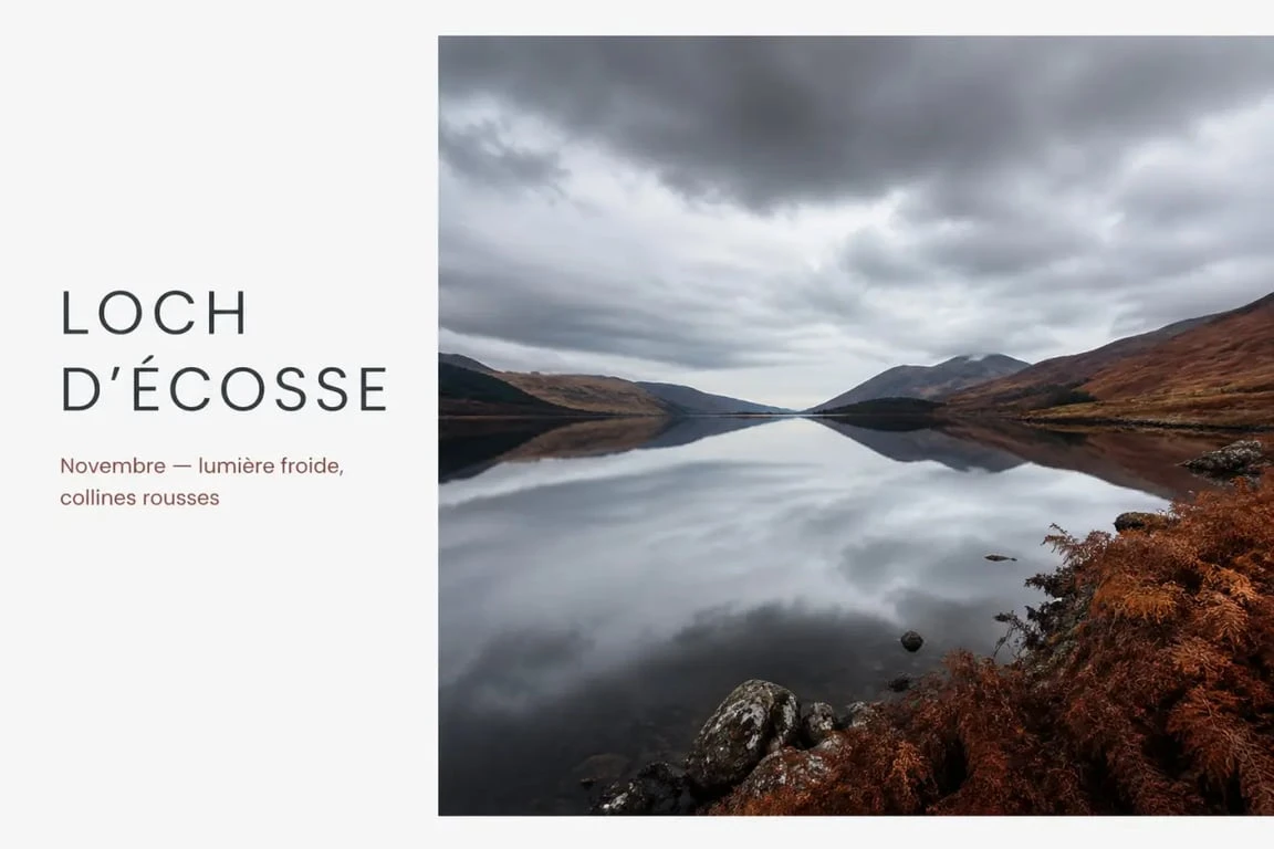 Écosse en novembre : loch et collines rousses sous un ciel gris en lumière d’automne