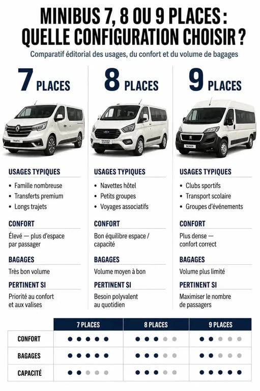 Location minibus 9 places tarif : comparatif visuel des configurations 7, 8 et 9 places