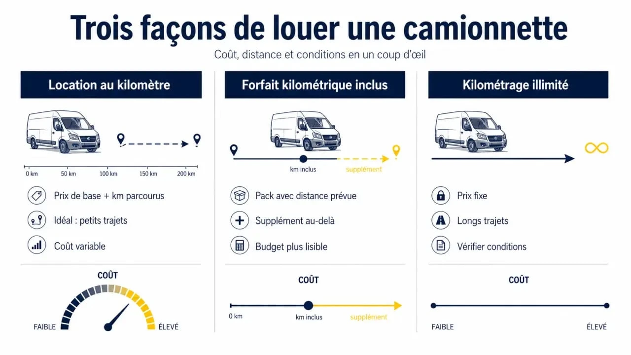 Comparatif de location camionnette kilometrage illimité avec forfait kilométrique inclus et dépassement au kilomètre
