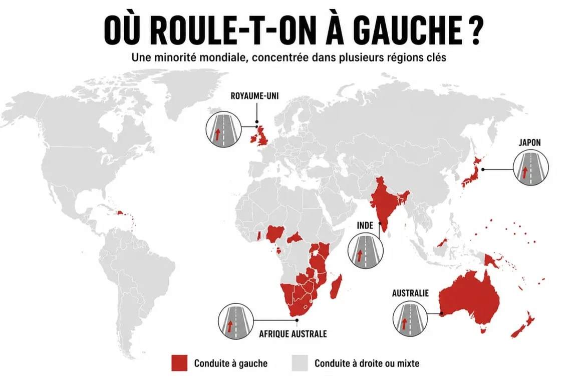 Conduite gauche : carte éditoriale des pays concernés dans le monde