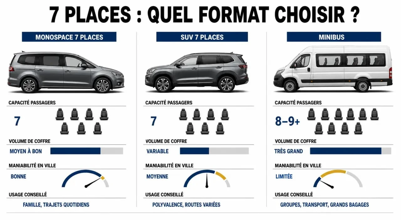 Comparatif location monospaces 7 places entre monospace, SUV et minibus