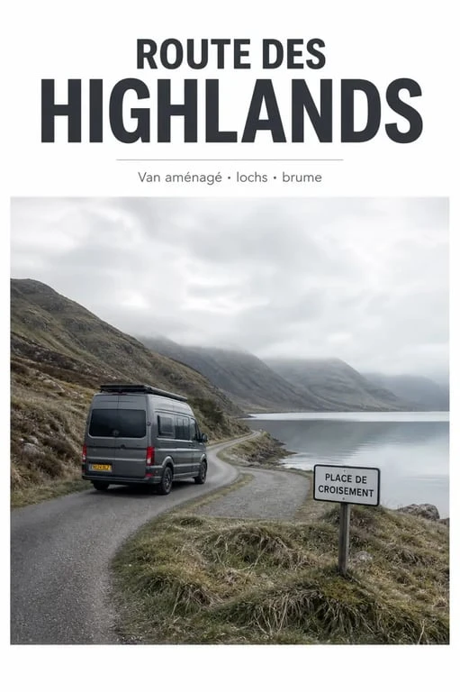 Van ecosse sur une route étroite des Highlands avec un loch en arrière-plan