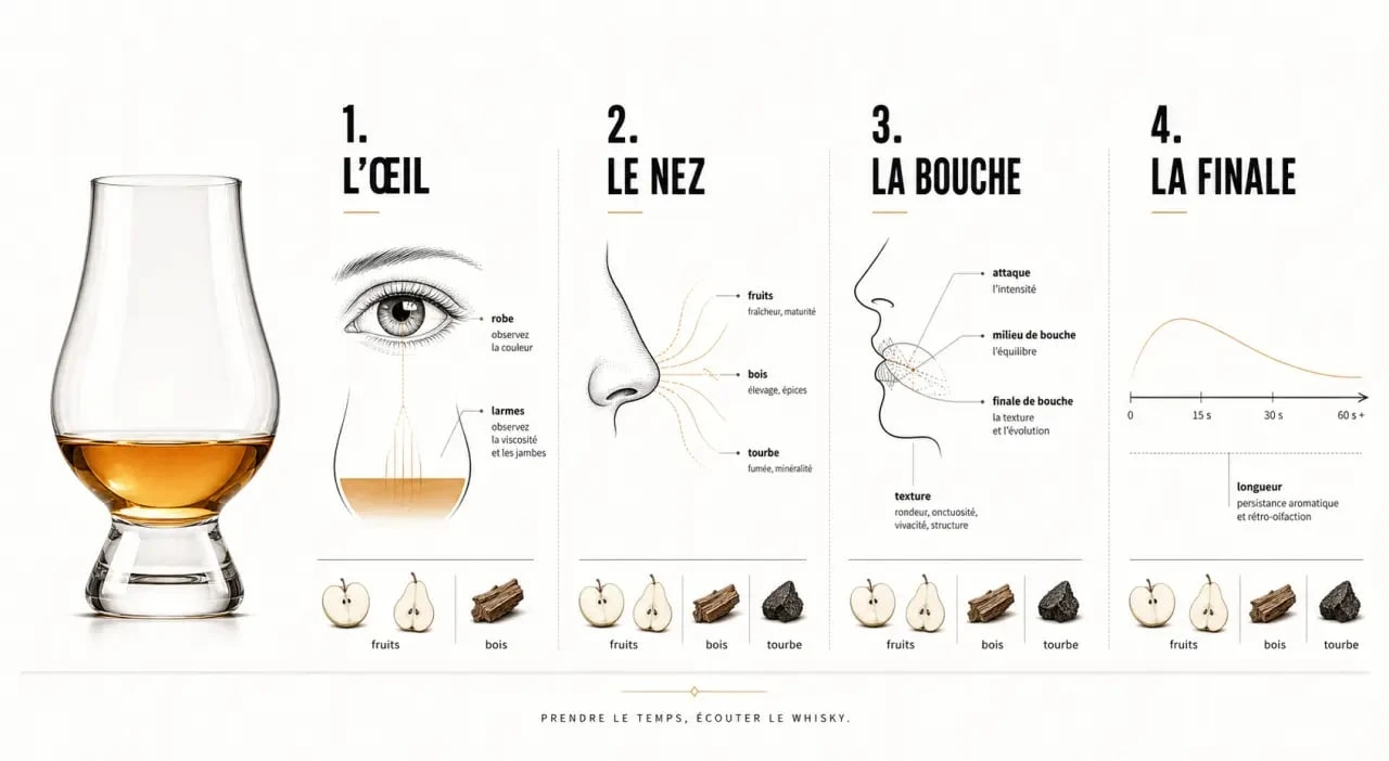 Dégustation whisky en quatre étapes avec verre, nez, bouche et finale