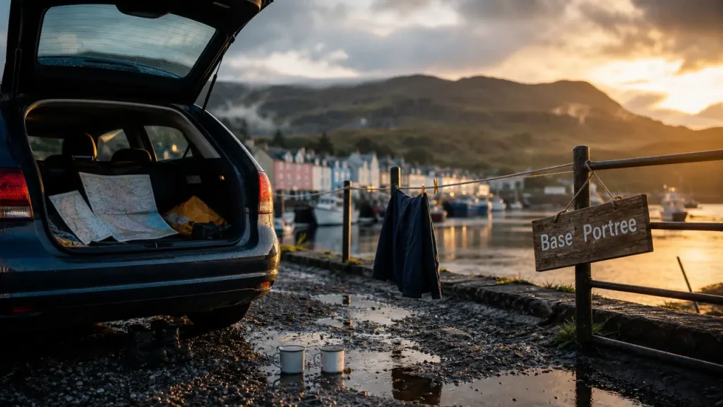 Ile de skye hotel à Portree : quai au coucher du soleil, voiture et cartes