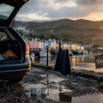 Ile de skye hotel à Portree : quai au coucher du soleil, voiture et cartes