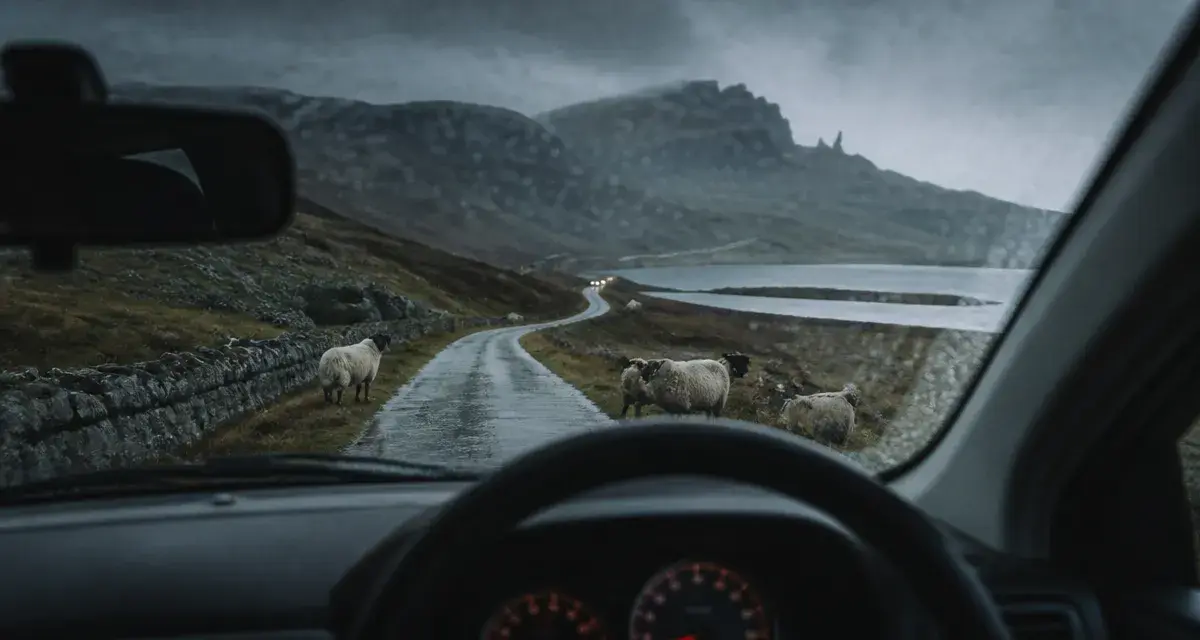 Ile de Skye : voiture sur route humide près de Trotternish, brume et falaises