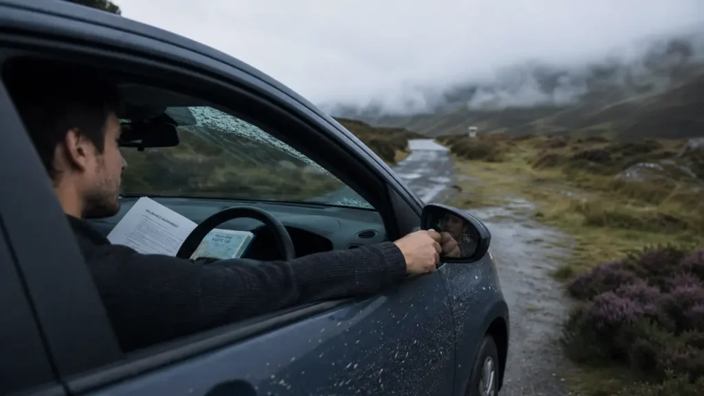 Location voiture ecosse : conducteur sur route des Highlands, gel sur le pare-brise