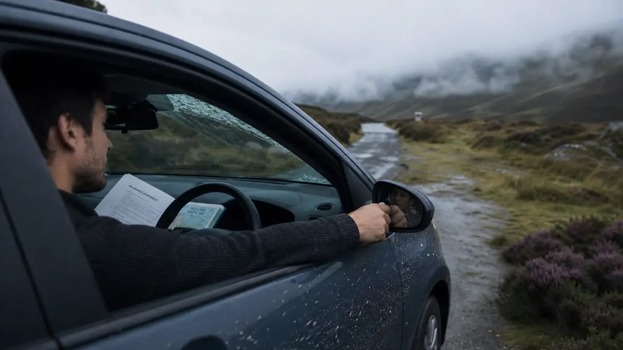 Location voiture ecosse : conducteur sur route des Highlands, gel sur le pare-brise