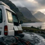 Meilleure periode ecosse : van et route dans les Highlands, loch brumeux en mai-juin