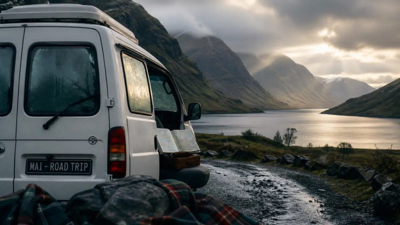 Meilleure periode ecosse : van et route dans les Highlands, loch brumeux en mai-juin