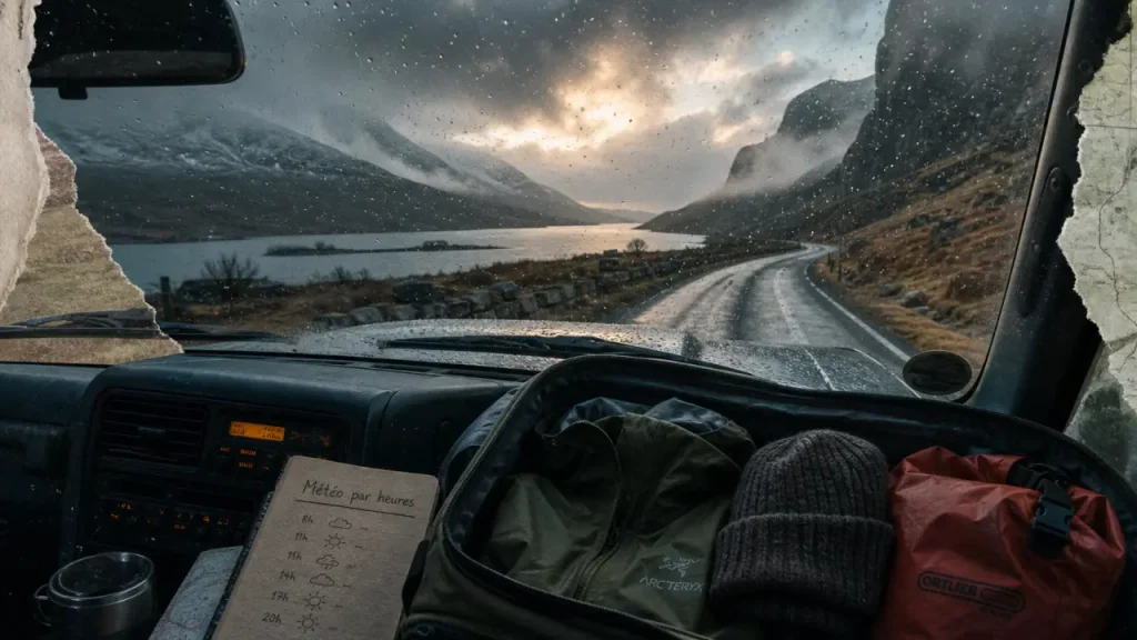 meteo ecosse : pluie et vent, route dans les Highlands, fenêtres sèches