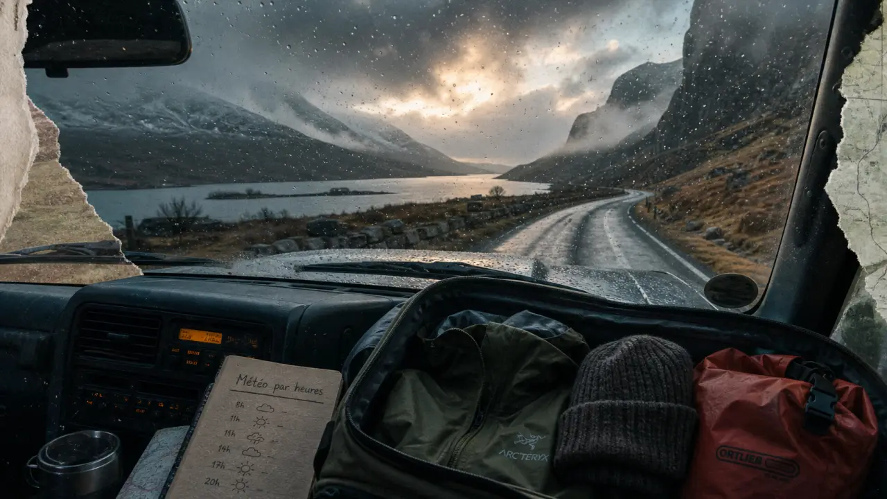 meteo ecosse : pluie et vent, route dans les Highlands, fenêtres sèches