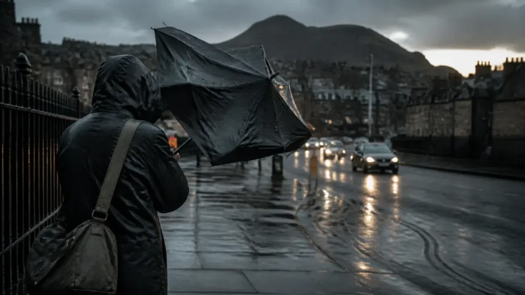 Météo en ecosse edimbourg : pluie et vent, parapluie à Édimbourg