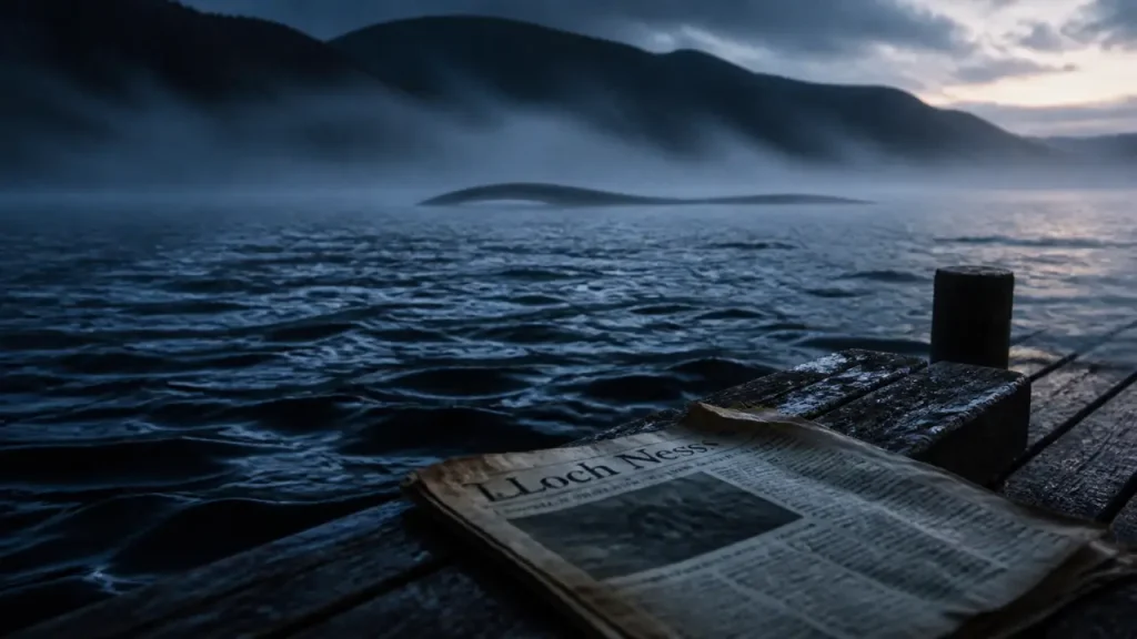 Monstre du loch ness au Loch Ness, brume et forme sombre au crépuscule