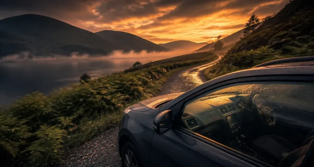 Quand partir en Écosse : voiture de location dans les Highlands, route brumeuse