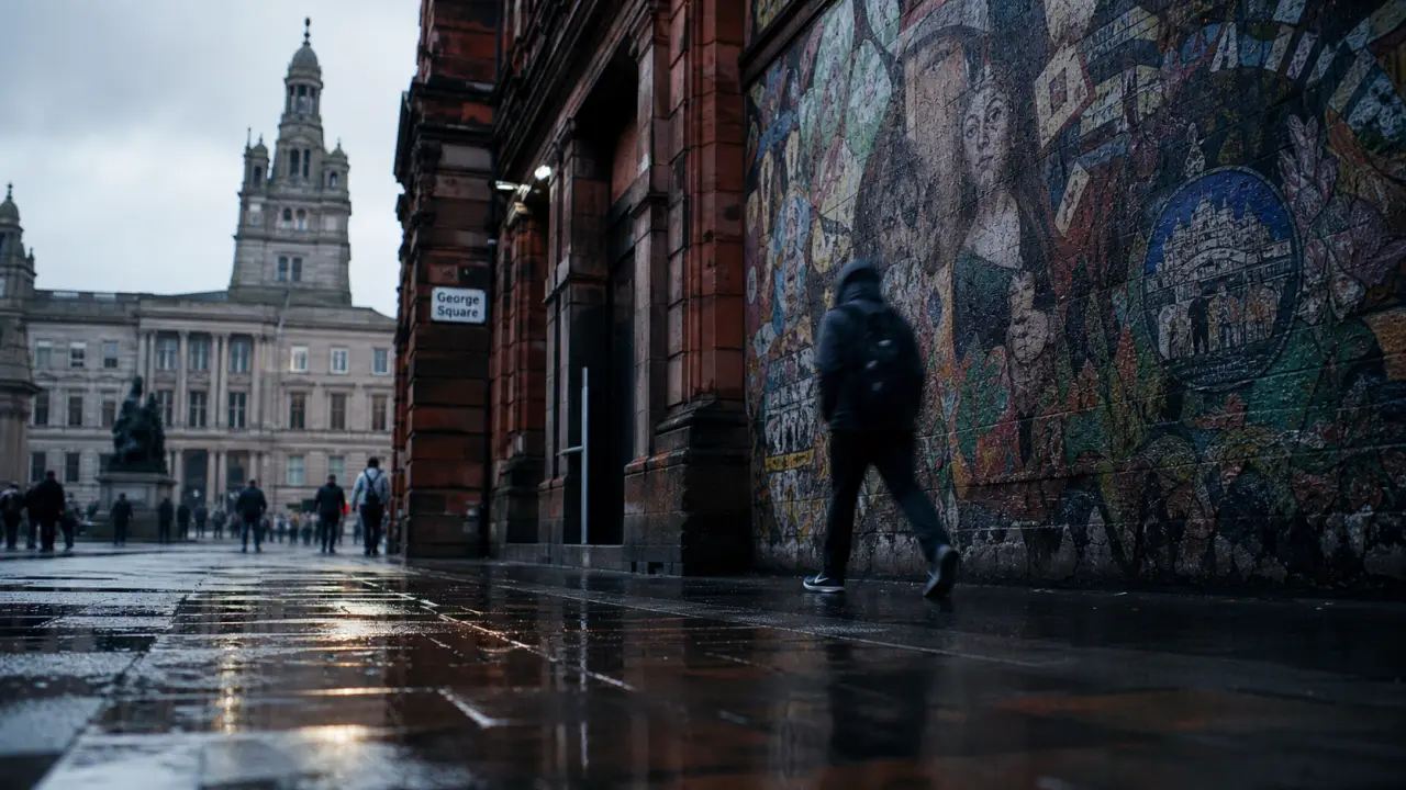 Que faire à Glasgow : trottoir mouillé, street art et George Square, façade de musée