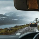 Road trip ecosse en voiture sur route des Highlands, loch et brouillard