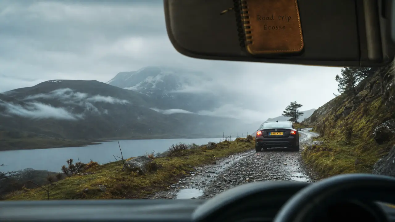 Road trip ecosse en voiture sur route des Highlands, loch et brouillard