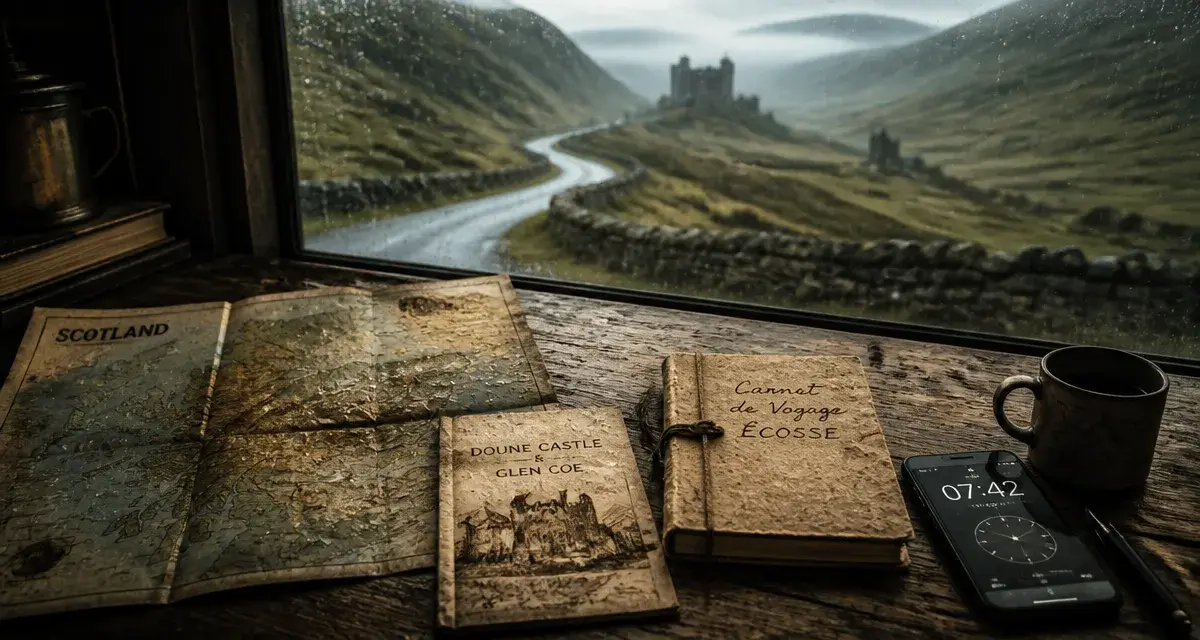 Road trip ecosse outlander : carte d’Écosse, Highlands sous brume, châteaux et Doune Castle