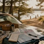 Road trip famille : voiture break garée près d’un lac, carte et itinéraire