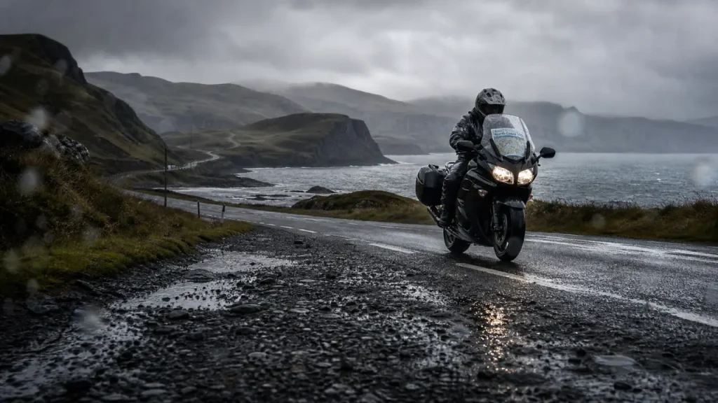 Road trip moto Écosse : moto sur la North Coast 500, pluie et Highlands brumeux