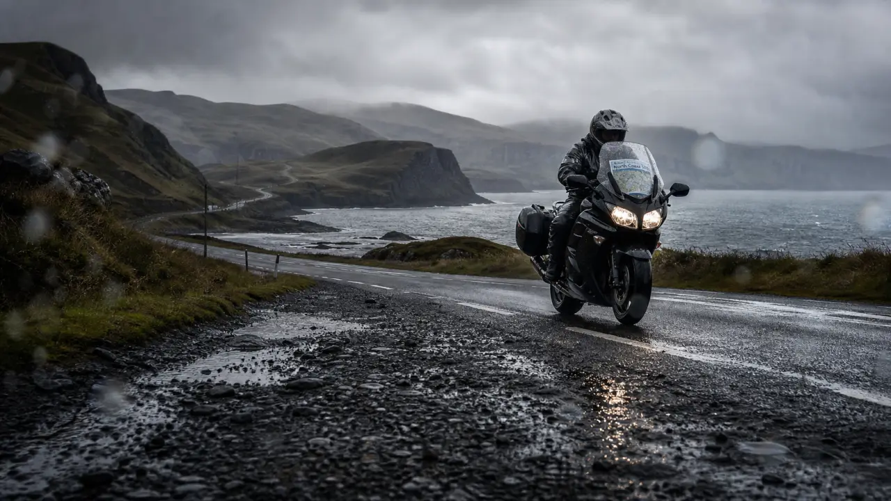 Road trip moto Écosse : moto sur la North Coast 500, pluie et Highlands brumeux