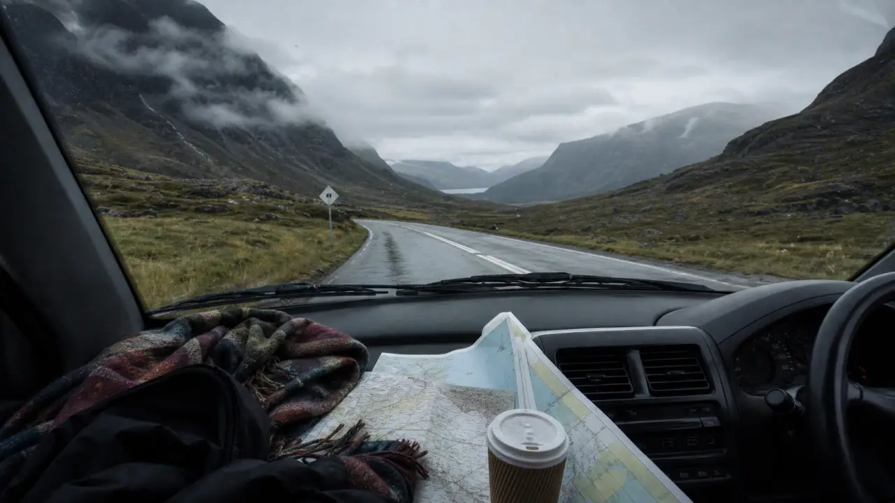 Temperatures en ecosse : route des Highlands, brume et vêtements chauds