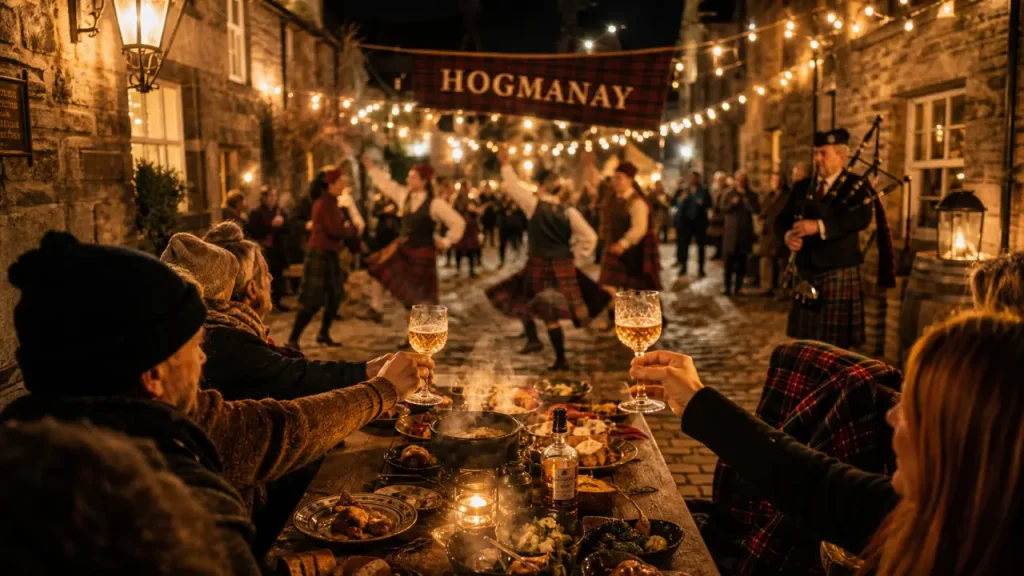 Tradition ecosse Hogmanay : ceilidh et lanternes écossaises, table tartan la nuit