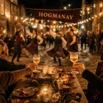 Tradition ecosse Hogmanay : ceilidh et lanternes écossaises, table tartan la nuit