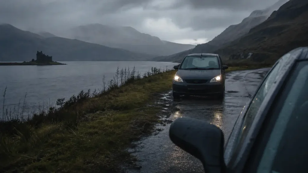Vacances en ecosse : voiture sur route écossaise sous la pluie