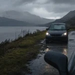 Vacances en ecosse : voiture sur route écossaise sous la pluie
