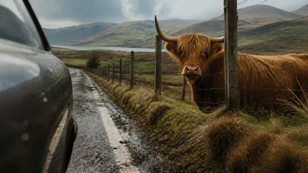 Vache des highlands en Écosse derrière clôture en fil galvanisé