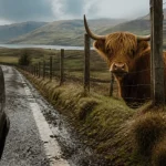 Vache des highlands en Écosse derrière clôture en fil galvanisé